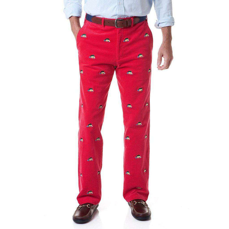 Beachcomber Corduroy Pant in Crimson with Embroidered Woody & Christmas Tree by Castaway Clothing - Country Club Prep