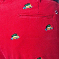 Beachcomber Corduroy Pant in Crimson with Embroidered Woody & Christmas Tree by Castaway Clothing - Country Club Prep