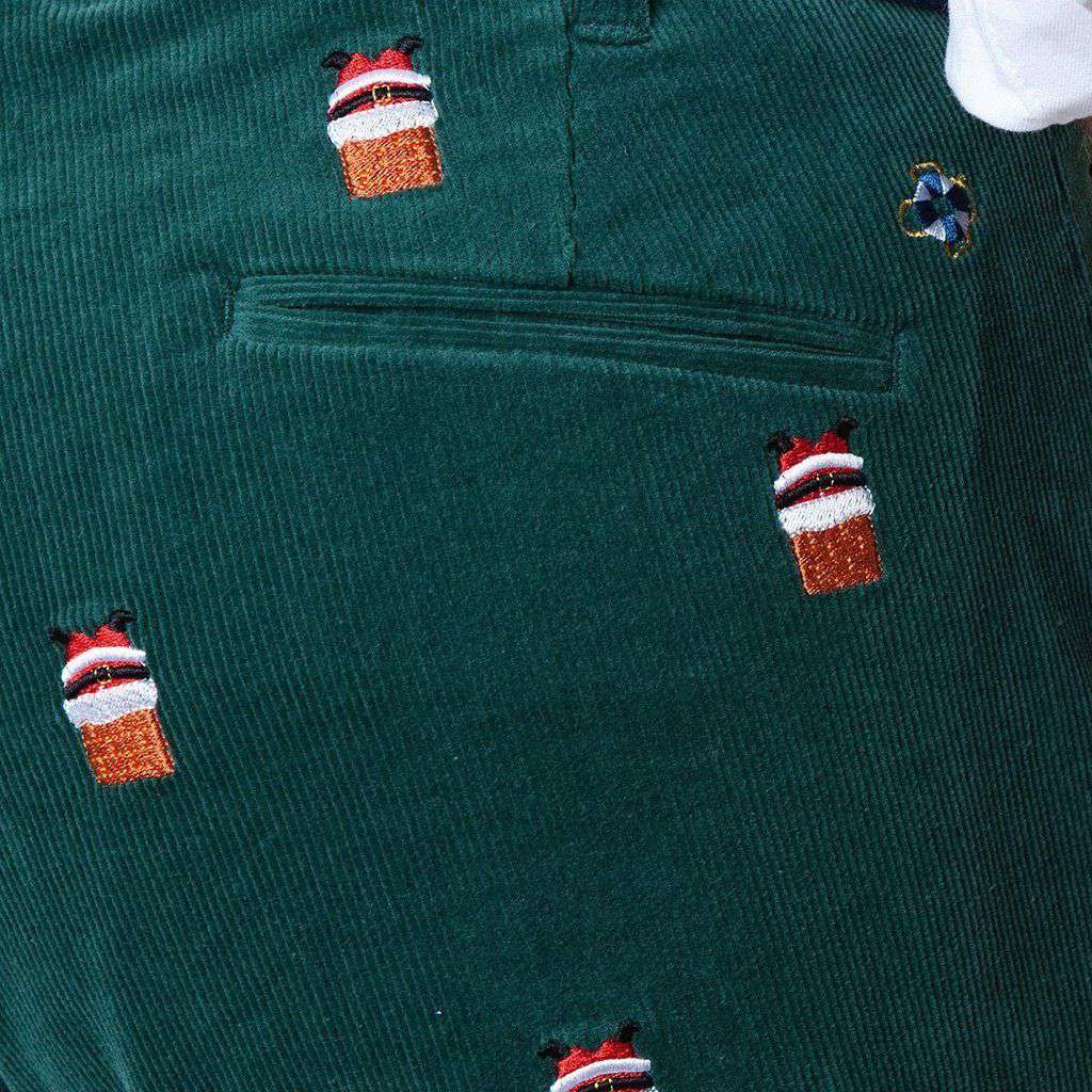 Beachcomber Corduroy Pant in Hunter with Embroidered Santa Stuck in Chimney by Castaway Clothing - Country Club Prep