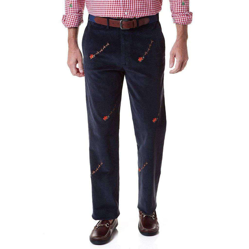 Beachcomber Corduroy Pant in Navy with Embroidered Santa Sleigh by Castaway Clothing - Country Club Prep