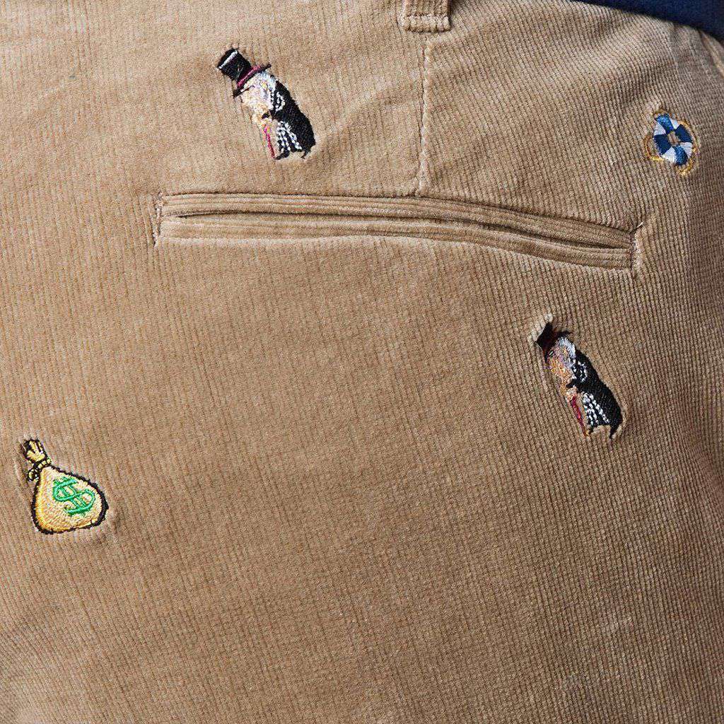 Beachcomber Corduroy Pant in Khaki with Embroidered Scrooge & Money Bag by Castaway Clothing - Country Club Prep