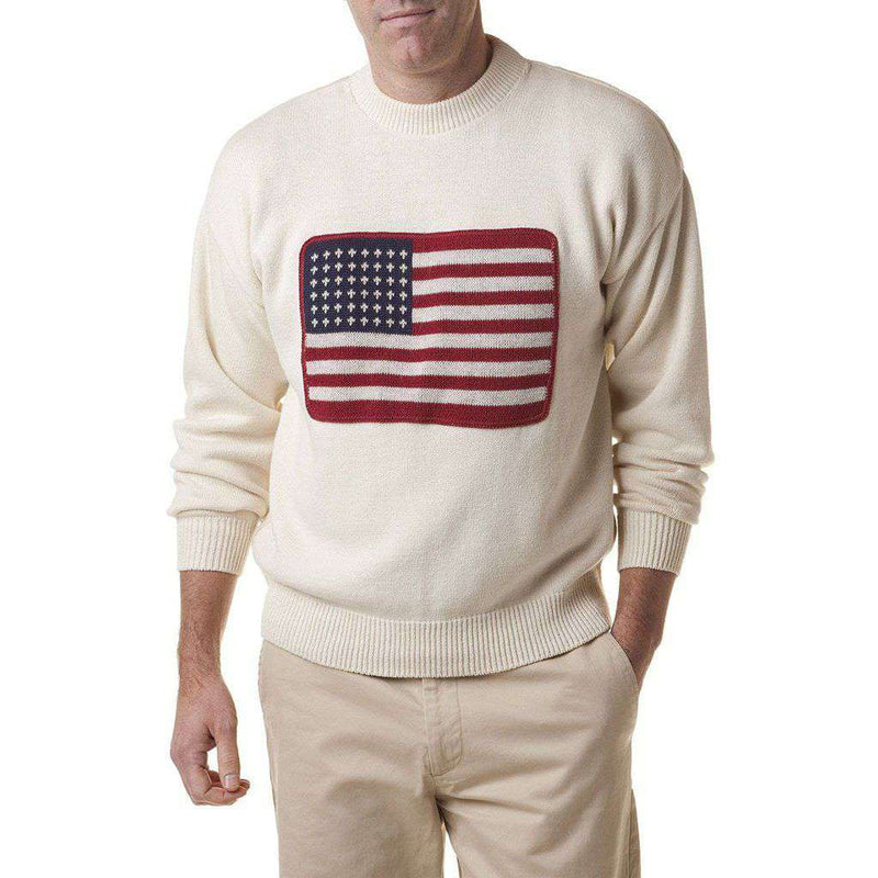 Crew Sweater with Embroidered American Flag in Cream by Castaway Clothing - Country Club Prep