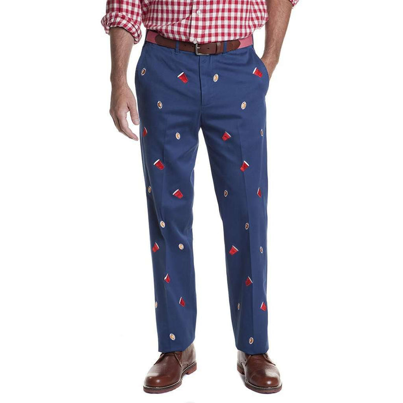 Harbor Pant with Embroidered Footballs and Solo Cups in Atlantic by Castaway Clothing - Country Club Prep