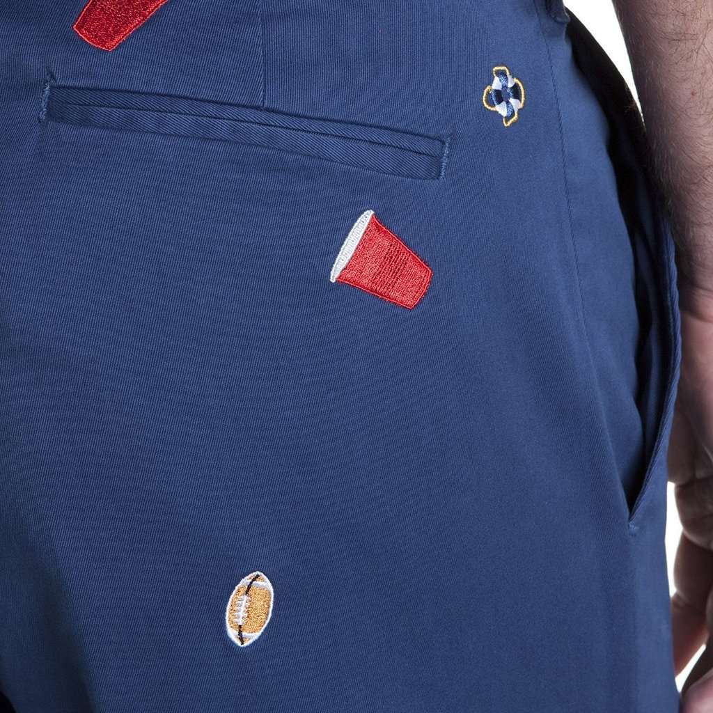 Harbor Pant with Embroidered Footballs and Solo Cups in Atlantic by Castaway Clothing - Country Club Prep