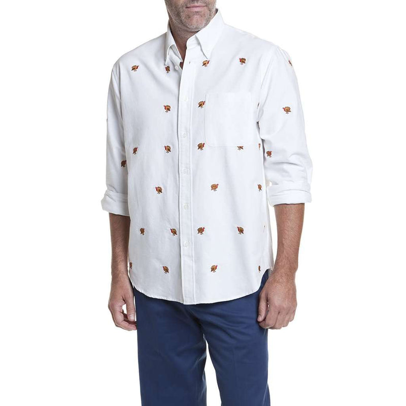 Straight Wharf Shirt in White Oxford with Embroidered Turkey by Castaway Clothing - Country Club Prep