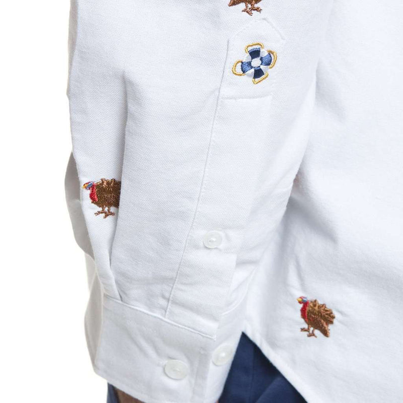 Straight Wharf Shirt in White Oxford with Embroidered Turkey by Castaway Clothing - Country Club Prep