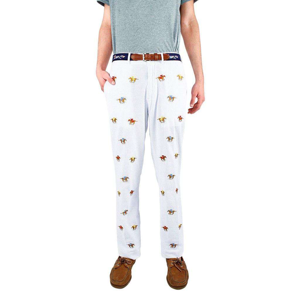 Embroidered Harbor Pants in Blue Seersucker with Embroidered Racing Horses by Castaway Clothing - Country Club Prep