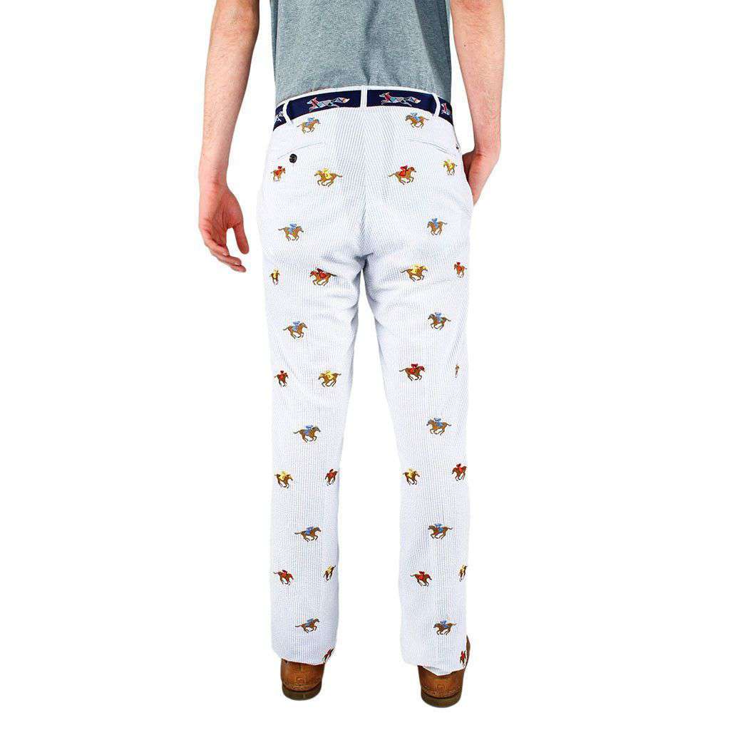 Embroidered Harbor Pants in Blue Seersucker with Embroidered Racing Horses by Castaway Clothing - Country Club Prep