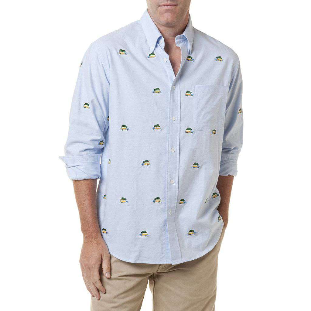 Chase Long Sleeve Oxford in Blue with Embroidered Woody and Christmas Tree by Castaway Clothing - Country Club Prep