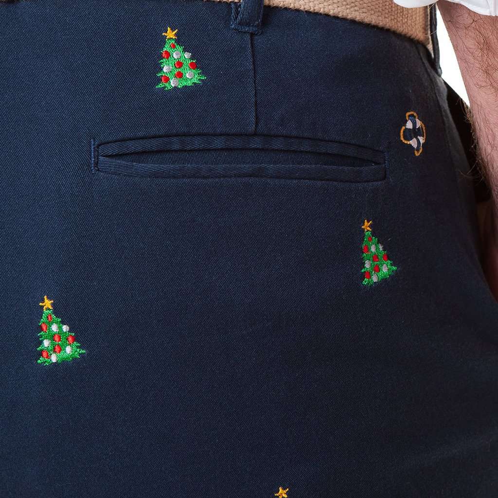 Stretch Twill Harbor Pant with Embroidered Christmas Trees by Castaway Clothing - Country Club Prep