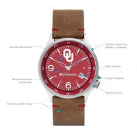 University of Oklahoma Canyon Ridge 3-Hand Date Saddle Leather Watch by Columbia Sportswear - Country Club Prep