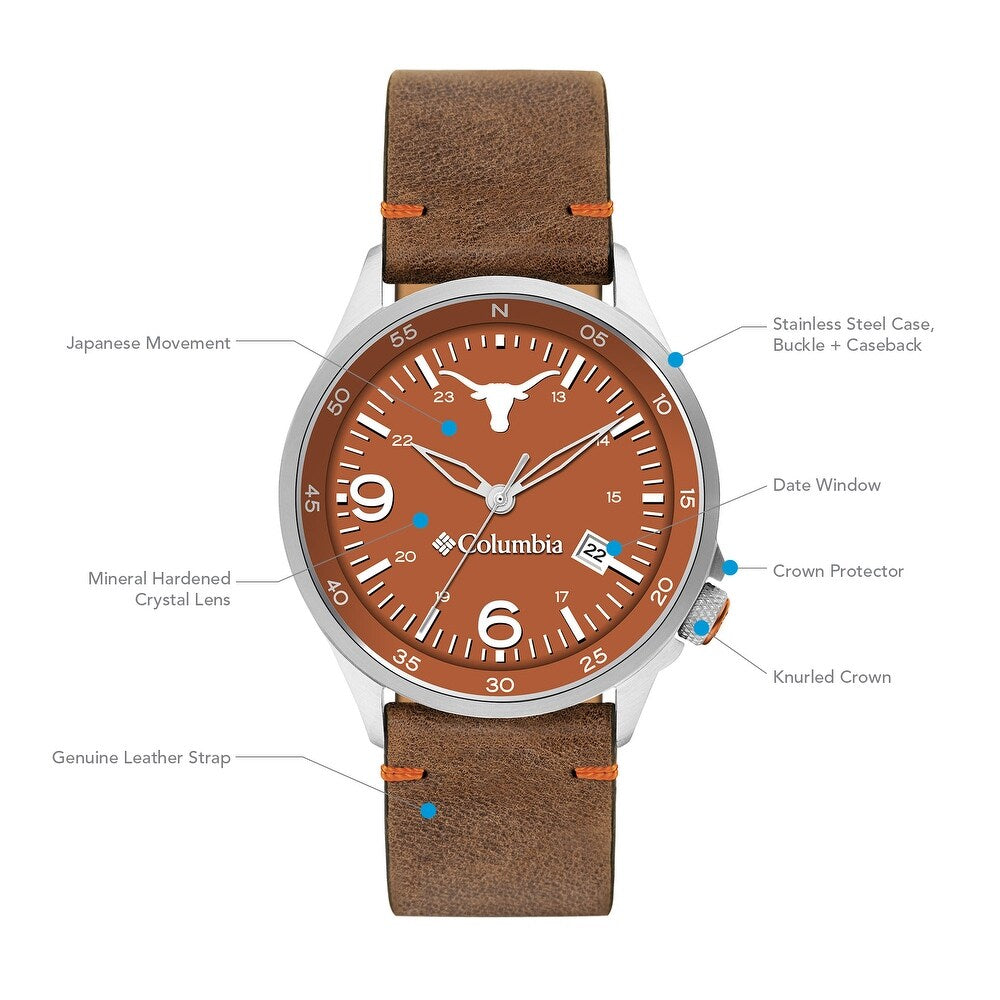 Texas Longhorns Canyon Ridge 3-Hand Date Saddle Leather Watch by Columbia Sportswear - Country Club Prep