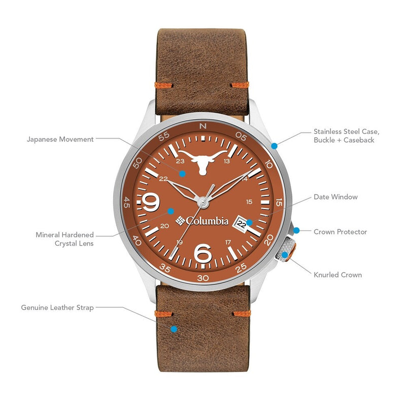 Texas Longhorns Canyon Ridge 3-Hand Date Saddle Leather Watch by Columbia Sportswear - Country Club Prep