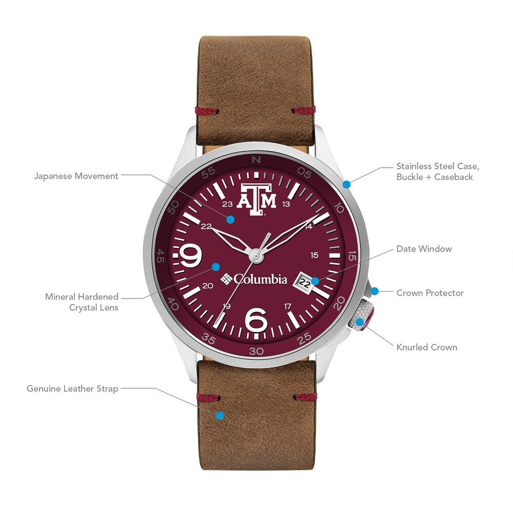 Texas A&M Canyon Ridge 3-Hand Date Saddle Leather Watch by Columbia Sportswear - Country Club Prep