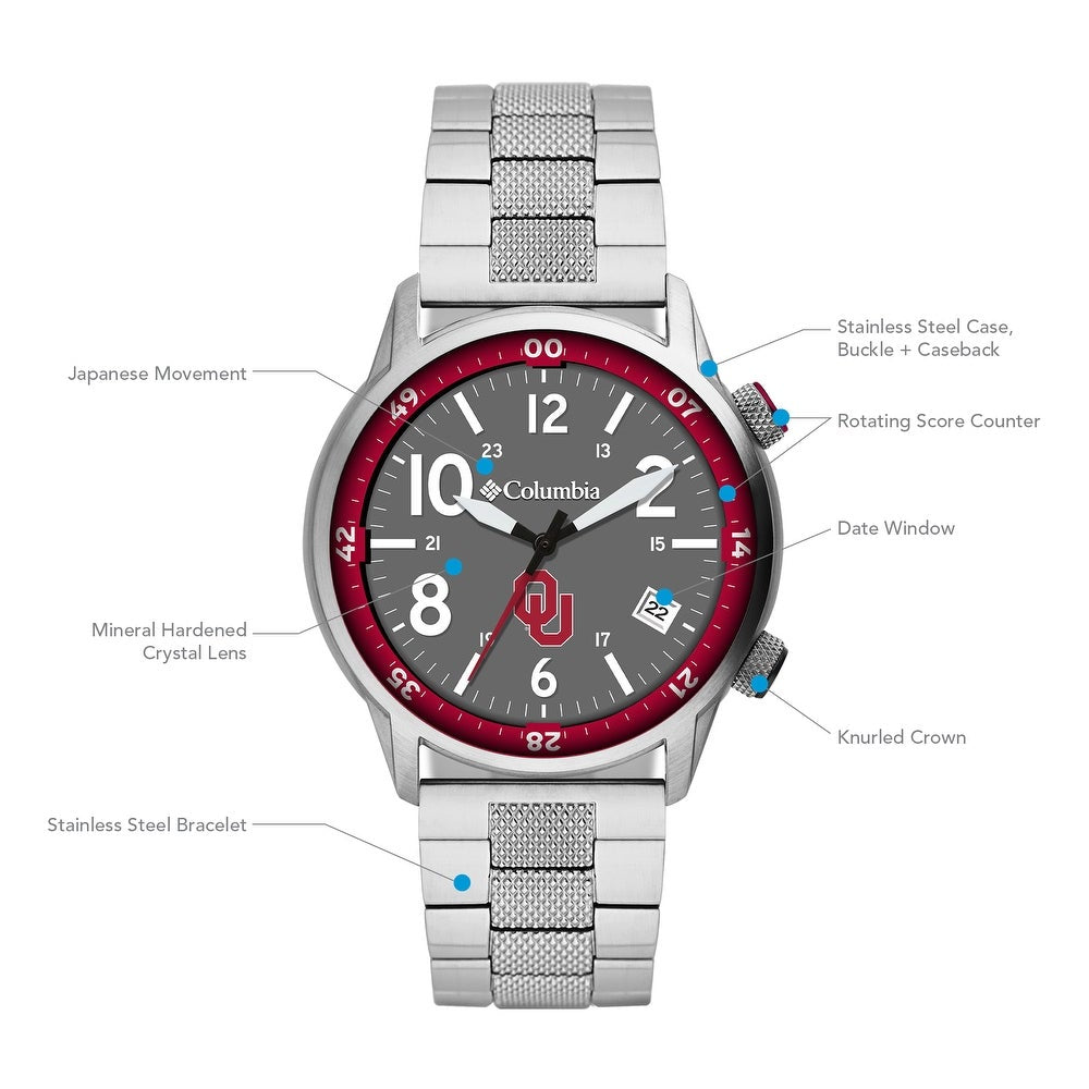 University of Oklahoma Outbacker 3-Hand Date Stainless Steel Watch by Columbia Sportswear - Country Club Prep