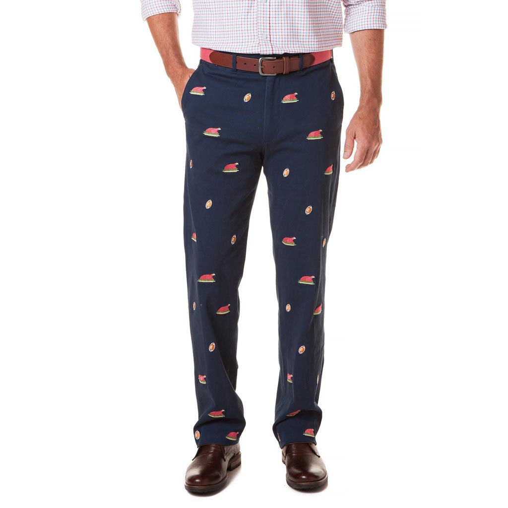 Harbor Pant in Navy with Embroidered Football and Cooked Turkey by Castaway Clothing - Country Club Prep