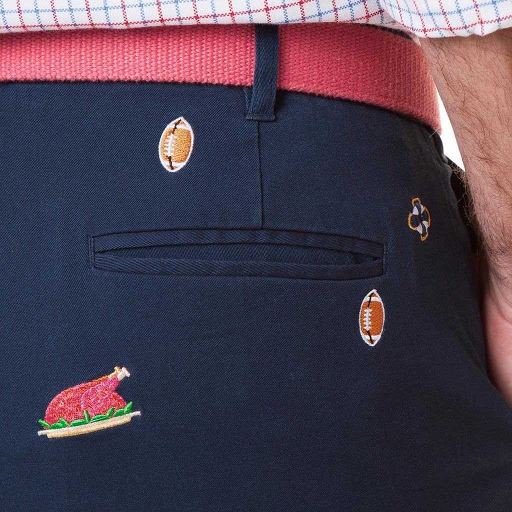 Harbor Pant in Navy with Embroidered Football and Cooked Turkey by Castaway Clothing - Country Club Prep