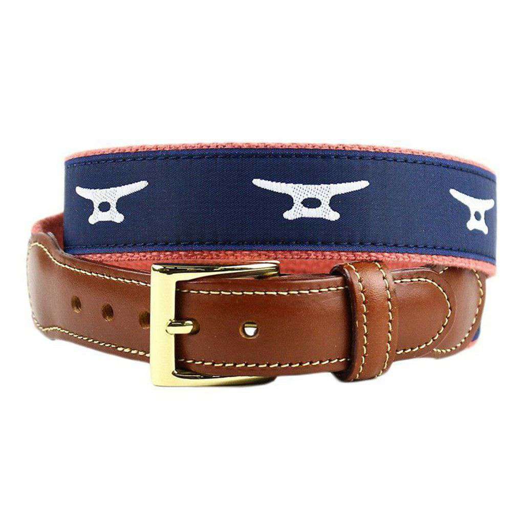Boat Cleat Leather Tab Belt in Navy on Soft Red Canvas by Country Club Prep - Country Club Prep