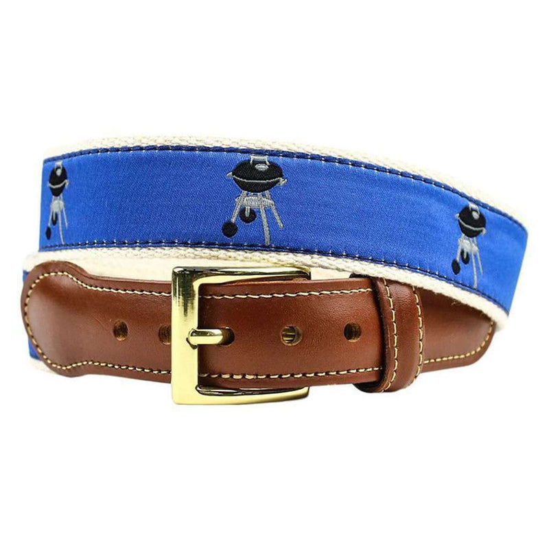 Grillin' Leather Tab Belt in Blue on Natural Canvas by Country Club Prep - Country Club Prep