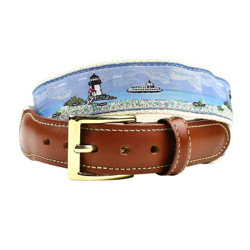 Ferry Boat Leather Tab Belt in Blue on Natural Canvas by Country Club Prep - Country Club Prep