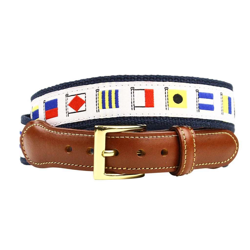 Release the Kraken Nautical Flag Leather Tab Belt in White by Country Club Prep - Country Club Prep