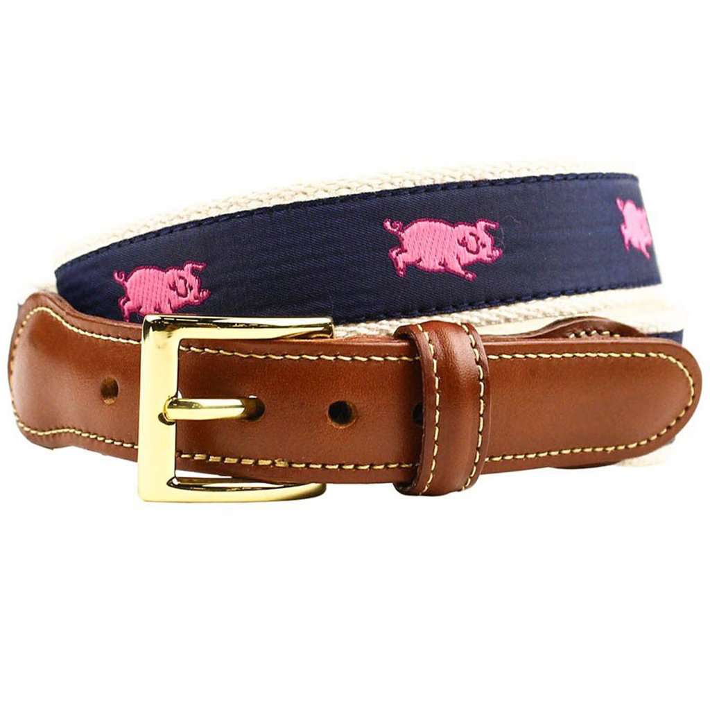 Prancing Pig Leather Tab Belt in Navy by Country Club Prep - Country Club Prep