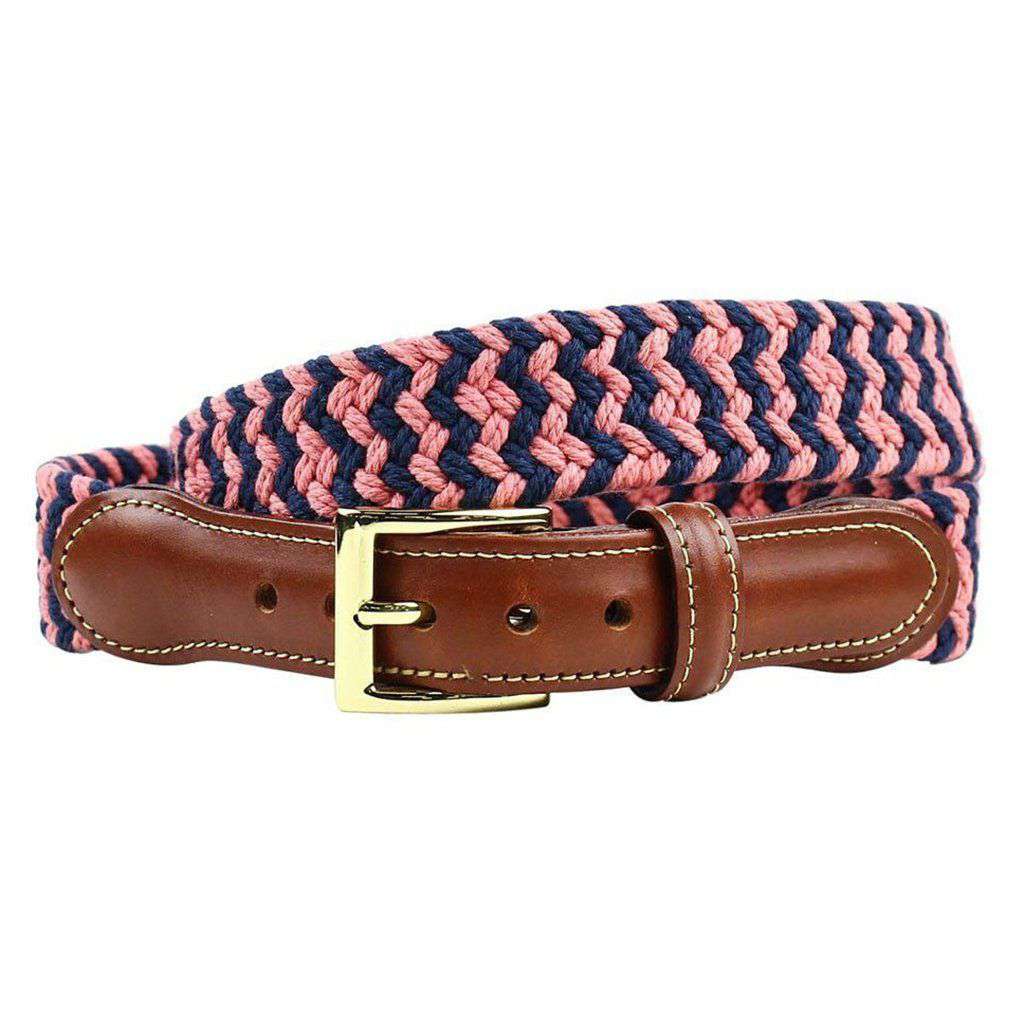 Navy and Soft Red Woven Cotton Leather Tab Belt by Country Club Prep - Country Club Prep