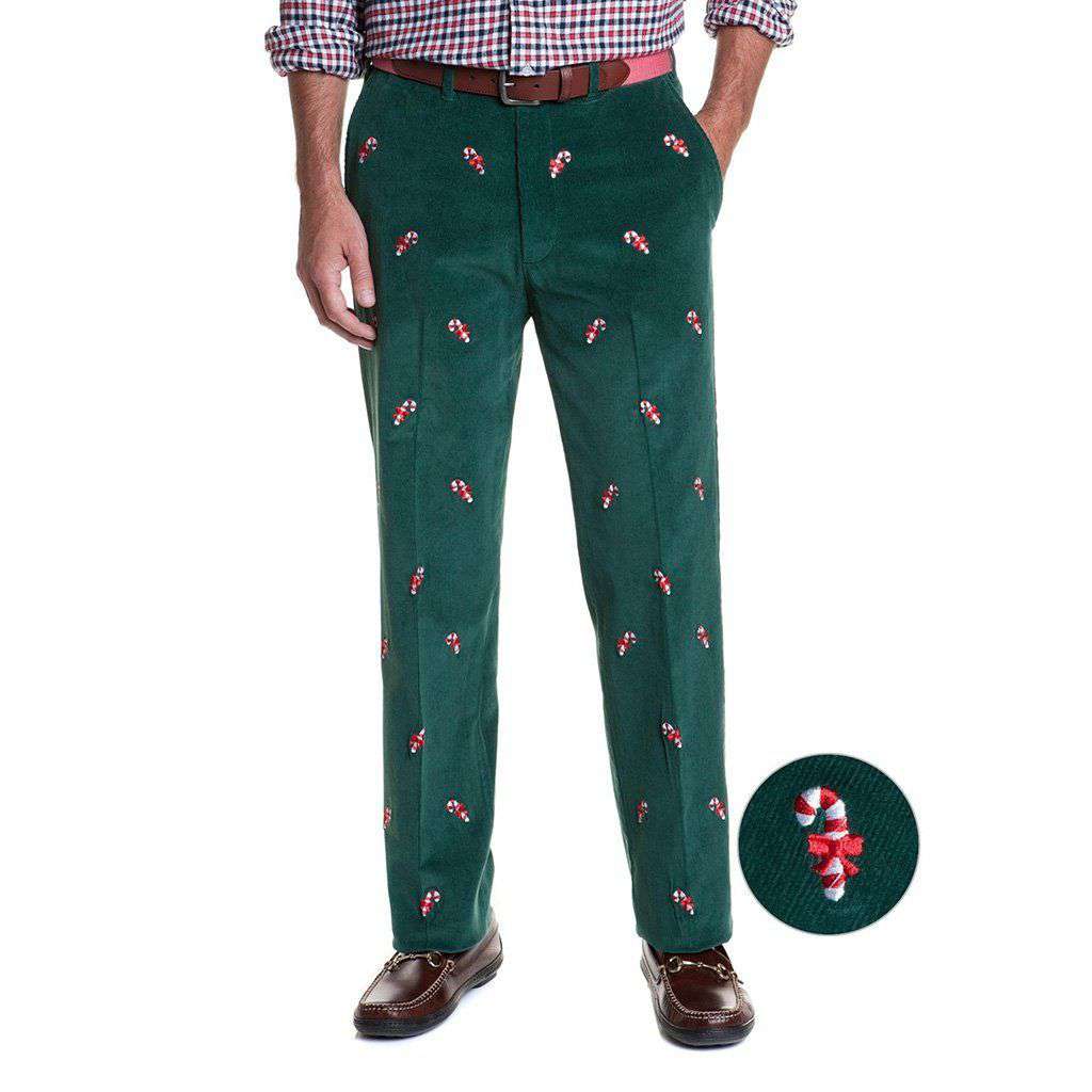 Beachcomber Corduroy Pants in Hunter Green with Embroidered Candy Canes by Castaway Clothing - Country Club Prep