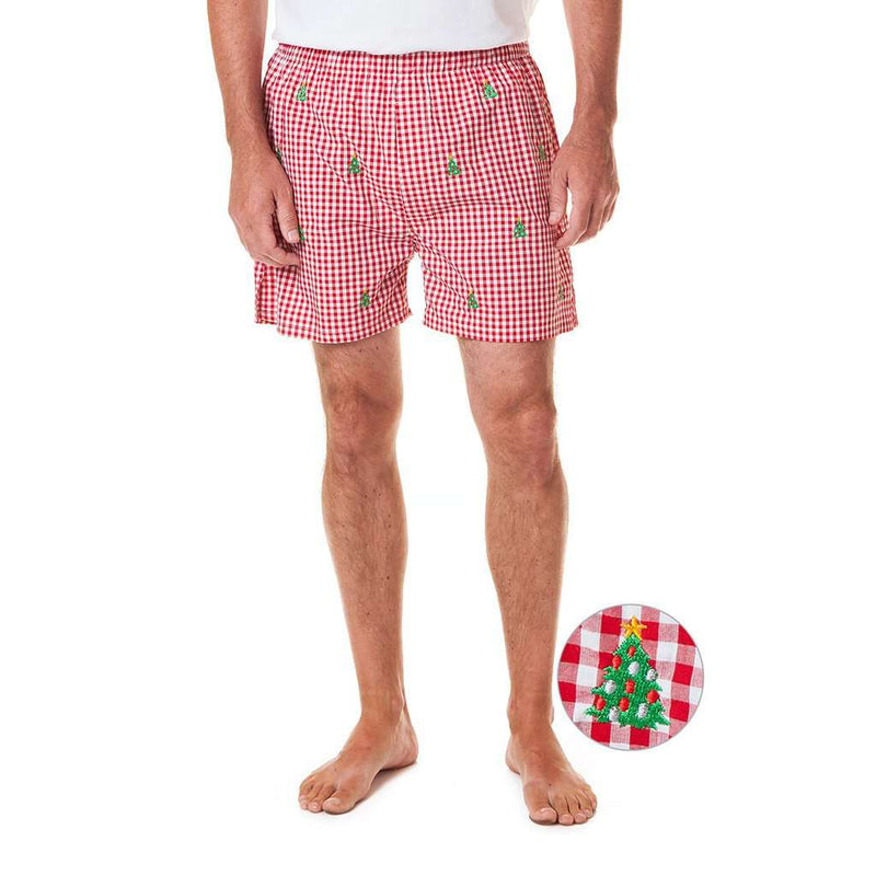 Gingham Barefoot Boxer with Embroidered Christmas Trees by Castaway Clothing - Country Club Prep