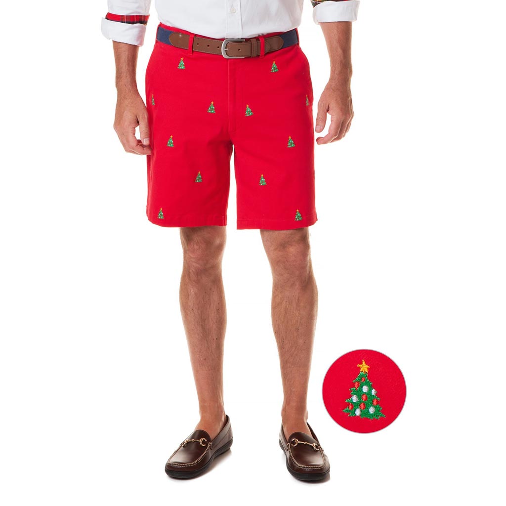Stretch Twill Cisco Short with Embroidered Christmas Trees by Castaway Clothing - Country Club Prep