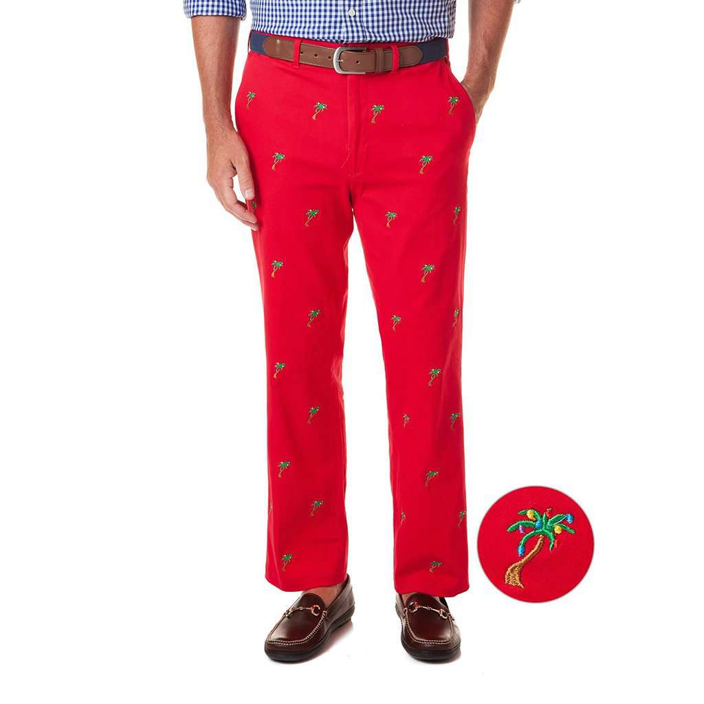 Stretch Twill Harbor Pant with Embroidered Christmas Palm Trees by Castaway Clothing - Country Club Prep