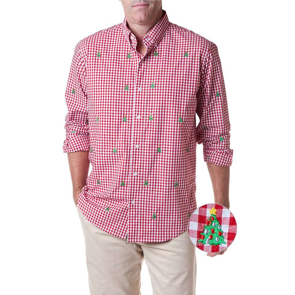 Gingham Straight Wharf Shirt with Embroidered Christmas Trees by Castaway Clothing - Country Club Prep