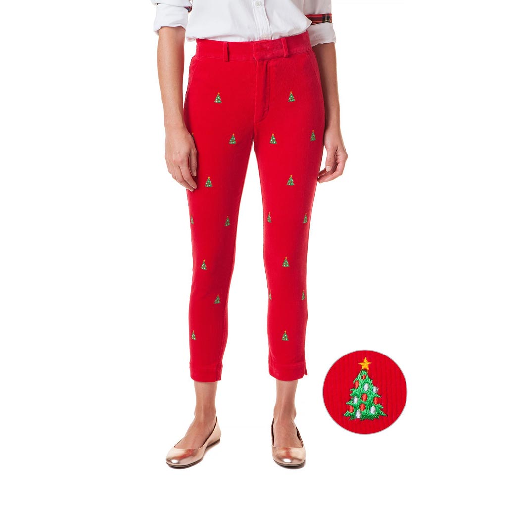 Ladies Beachcomber Stretch Corduroy Ankle Capri with Embroidered Christmas Trees by Castaway Clothing - Country Club Prep