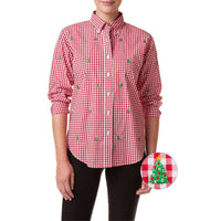 Ladies Gingham Button Down Shirt with Embroidered Christmas Trees by Castaway Clothing - Country Club Prep