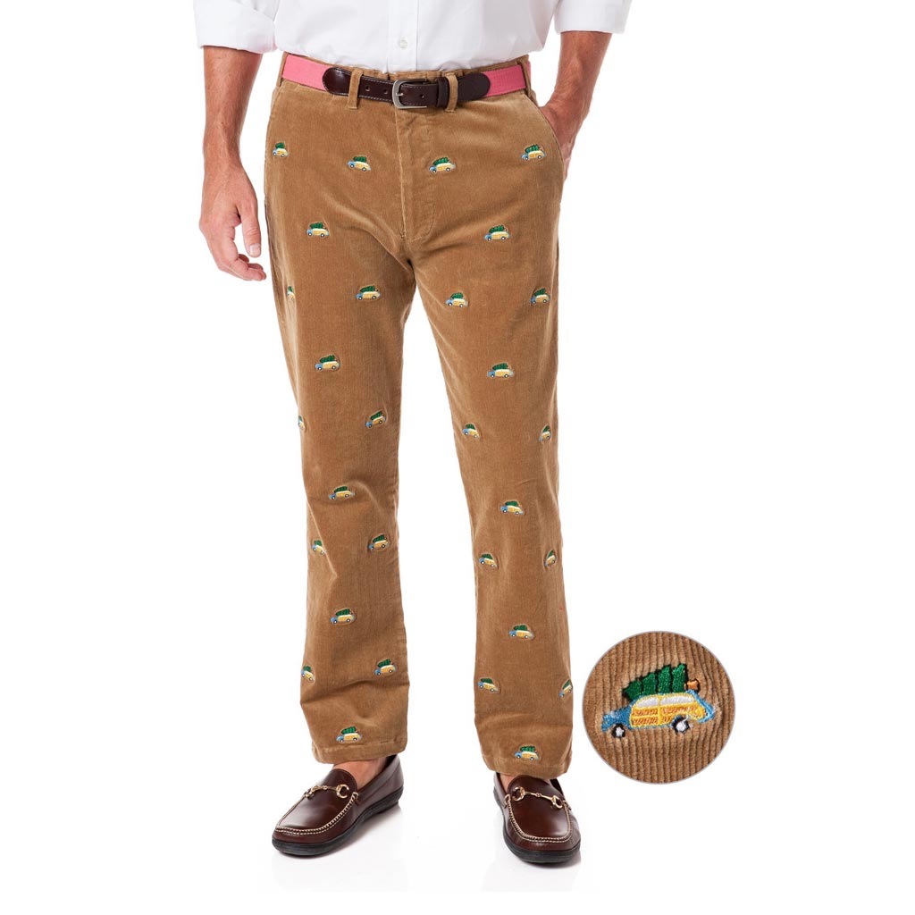 Beachcomber Corduroy Pants in Khaki with Embroidered Woody and Christmas Trees by Castaway Clothing - Country Club Prep