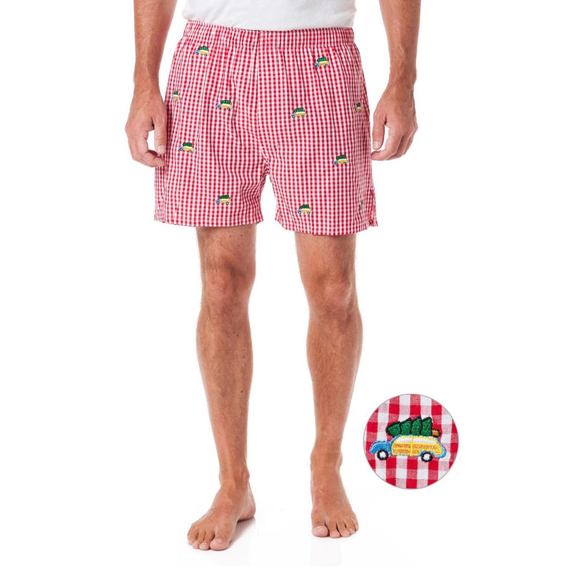 Wide Gingham Barefoot Boxer in Red with Woody & Christmas Tree by Castaway Clothing - Country Club Prep