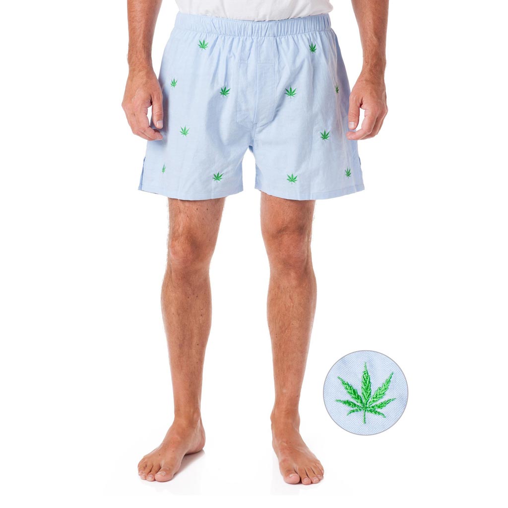 Barefoot Boxer with Embroidered Pot Leaf in Blue Oxford by Castaway Clothing - Country Club Prep