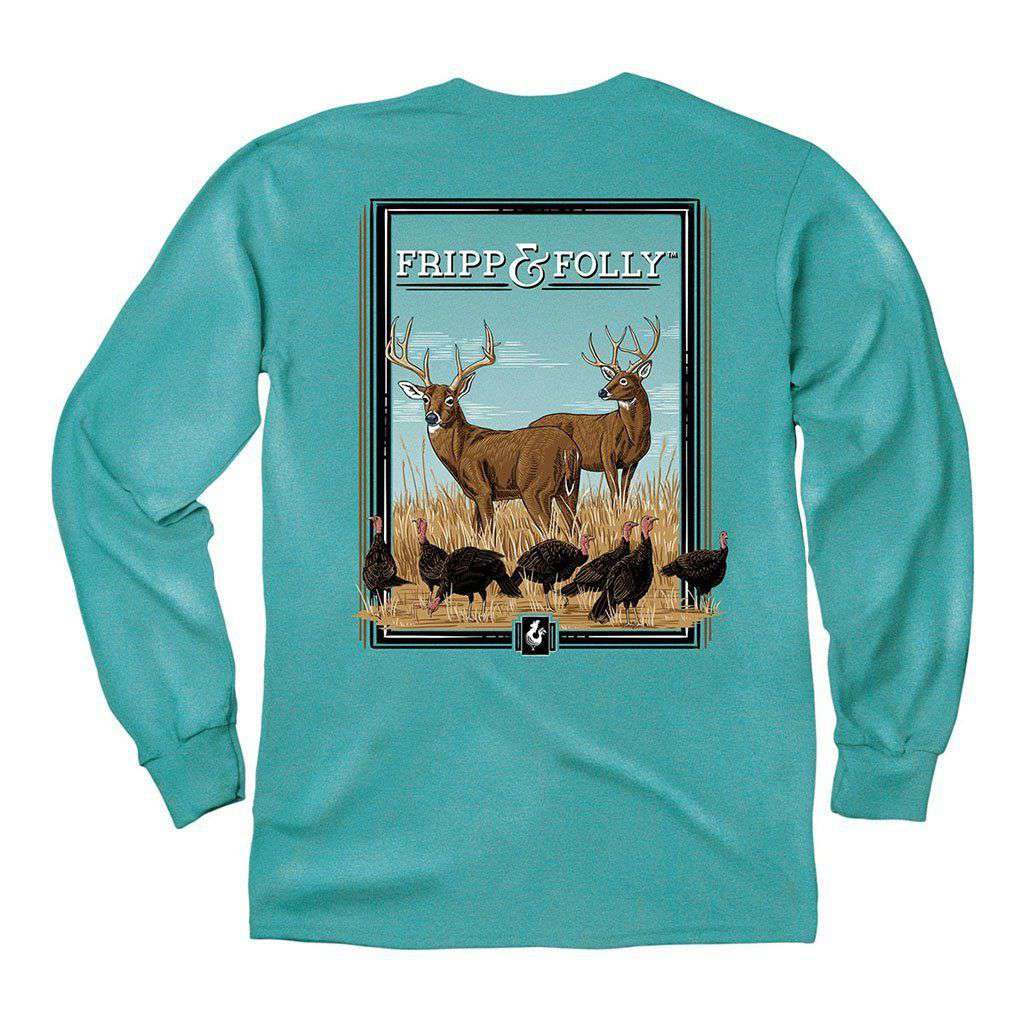 Deer with Turkeys Long Sleeve Tee in Seafoam by Fripp & Folly - Country Club Prep