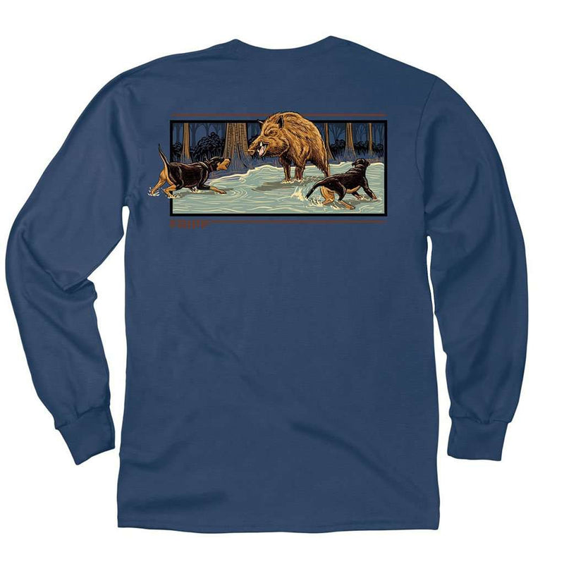 Dogs with Boar Long Sleeve T-Shirt in Navy by Fripp Outdoors - Country Club Prep