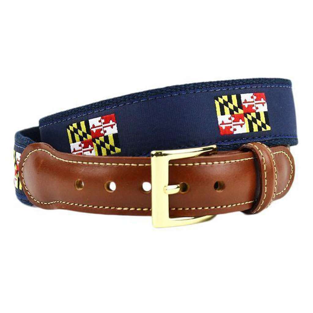 Maryland Flag Leather Tab Belt in Navy on Navy Canvas by Country Club Prep - Country Club Prep