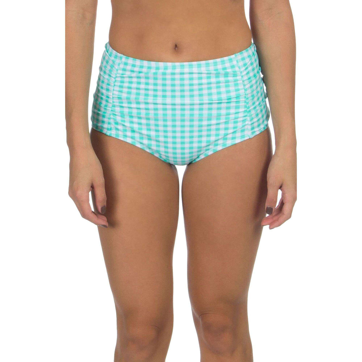 Gingham High-Waisted Bikini Bottom in Aqua by Lauren James - Country Club Prep