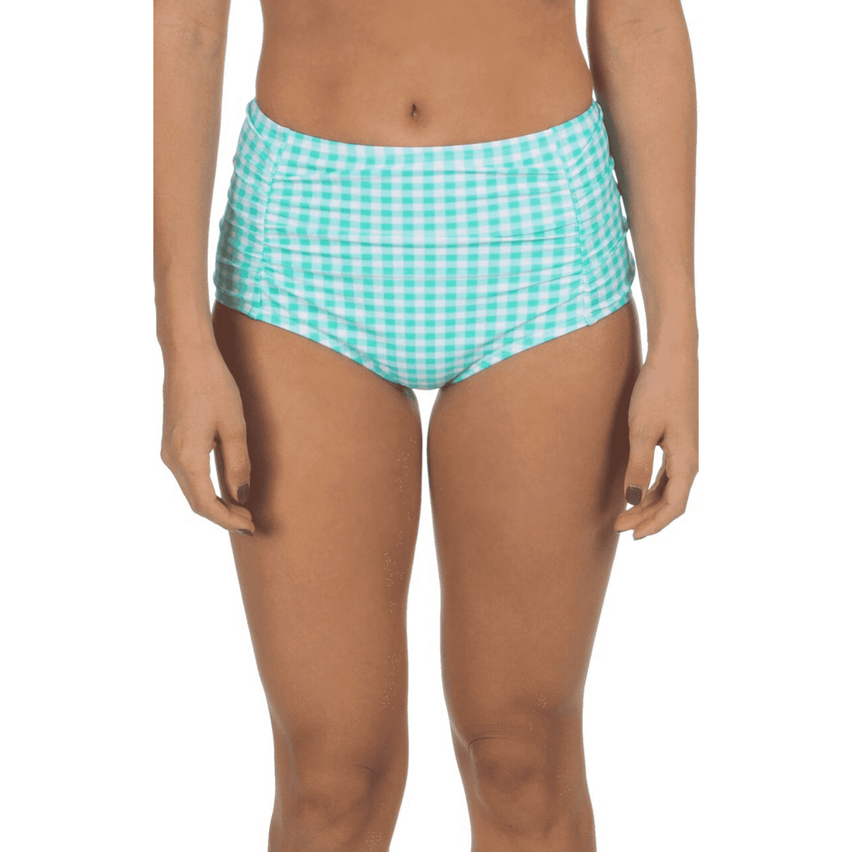 Gingham High-Waisted Bikini Bottom in Aqua by Lauren James - Country Club Prep