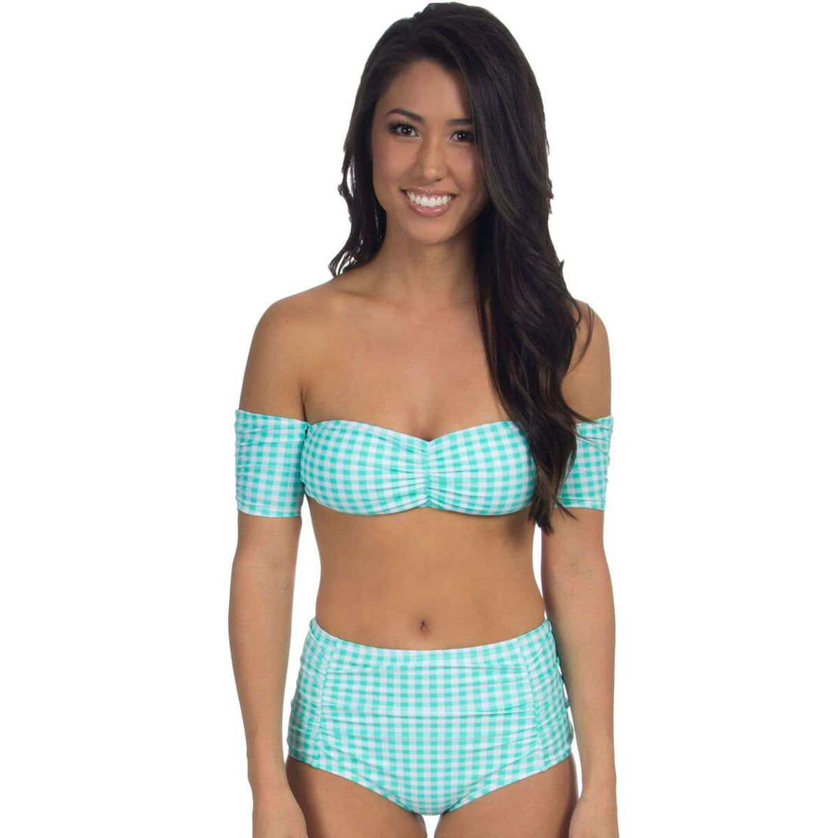 Gingham Off-The-Shoulder Bandeau Bikini Top in Aqua by Lauren James - Country Club Prep