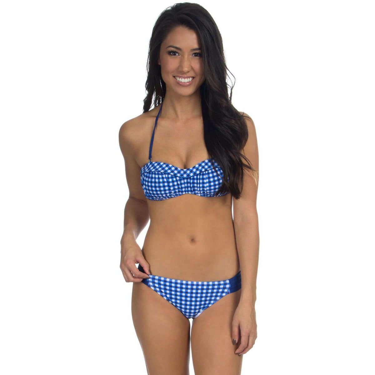 Gingham Rouched Bandeau Bikini Top in Navy by Lauren James - Country Club Prep
