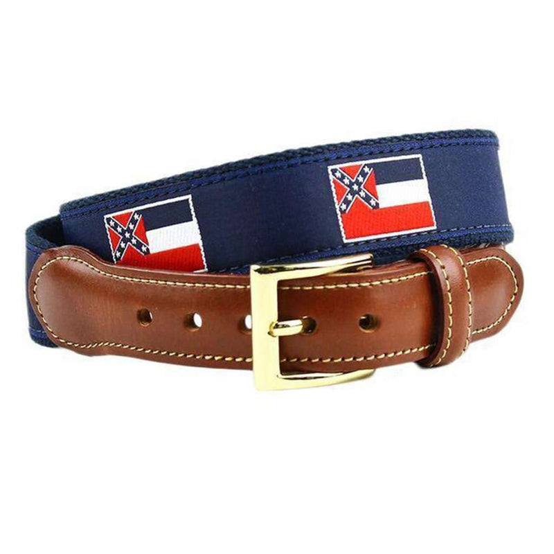 Mississippi Flag Leather Tab Belt in Navy on Navy Canvas by Country Club Prep - Country Club Prep