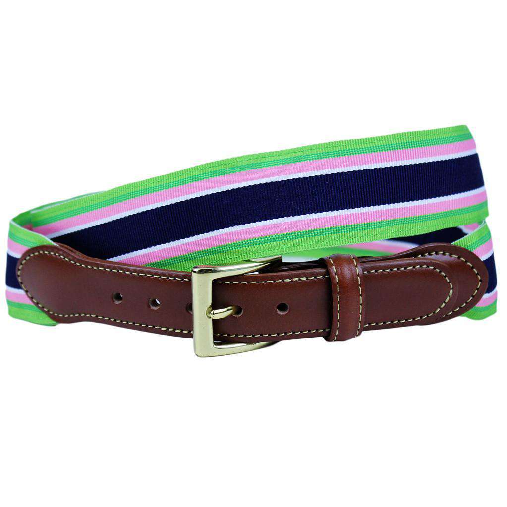Ribbon Leather Tab Belt in Green, Pink, & Navy Stripes by Country Club Prep - Country Club Prep
