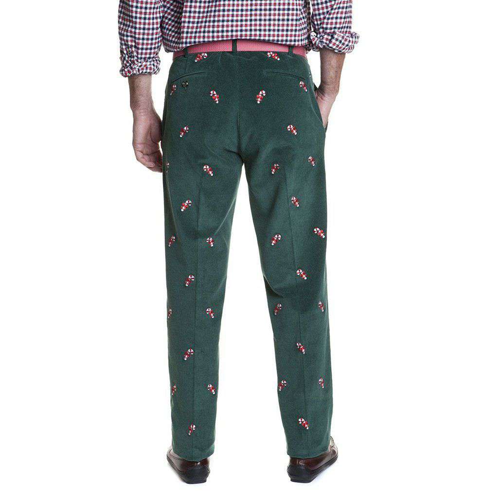 Beachcomber Corduroy Pants in Hunter Green with Embroidered Candy Canes by Castaway Clothing - Country Club Prep