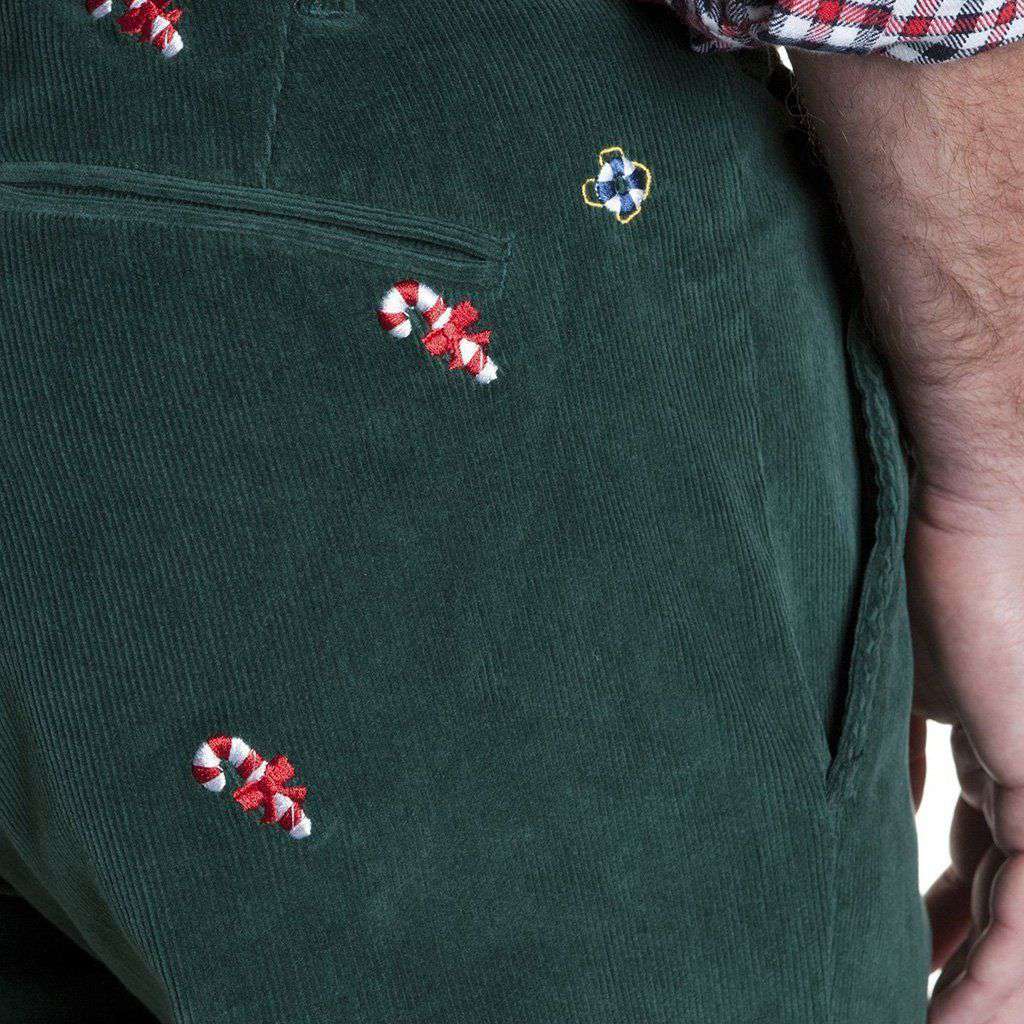 Beachcomber Corduroy Pants in Hunter Green with Embroidered Candy Canes by Castaway Clothing - Country Club Prep
