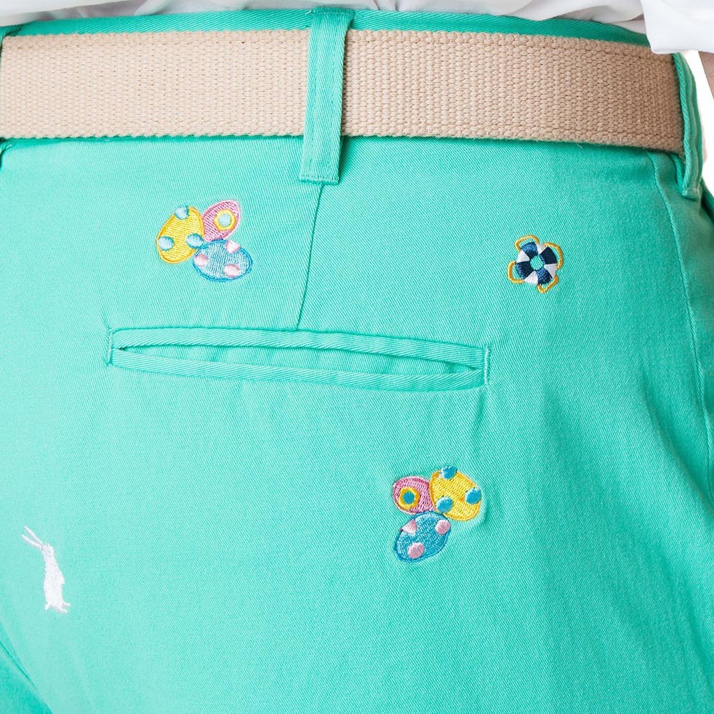 Stretch Twill Harbor Pant with Easter Eggs & Bunnies in Palm Green by Castaway Clothing - Country Club Prep