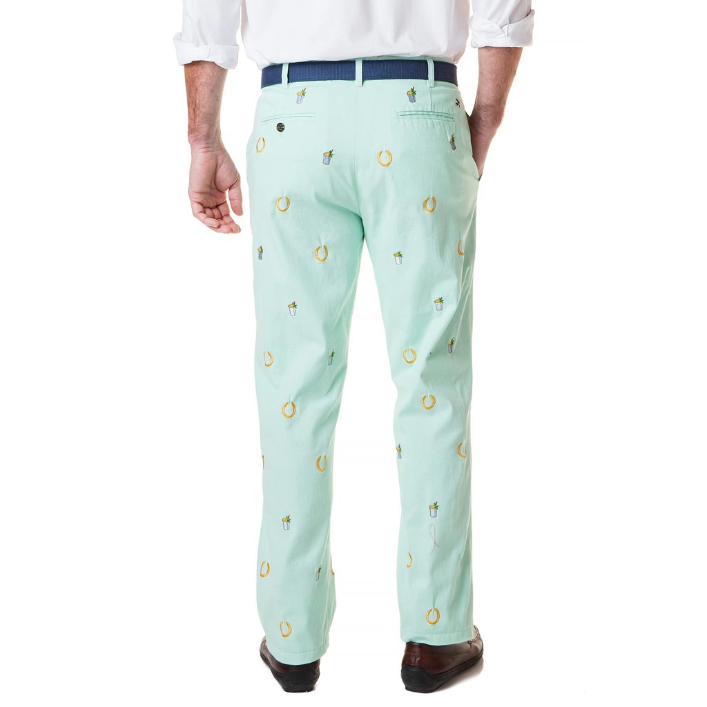Stretch Twill Harbor Pant with Embroidered Lucky Mint Julep in Mint by Castaway Clothing - Country Club Prep